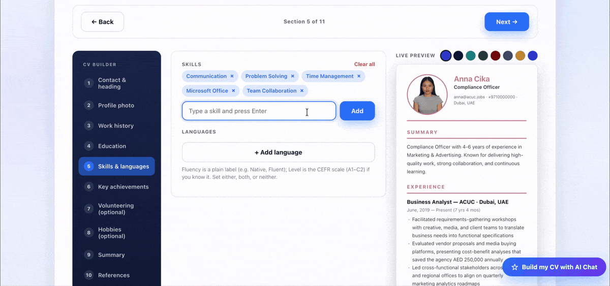 Screen recording of the ACUC CV Builder: skills and languages being added while the live CV preview updates in real time